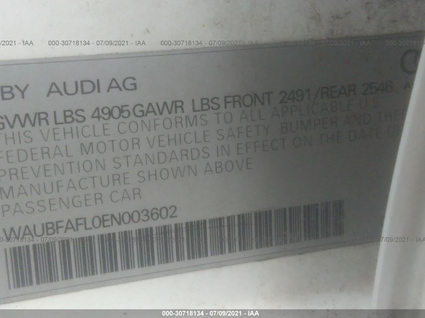 2014 AUDI A4 PREMIUM WAUBFAFL0EN003602