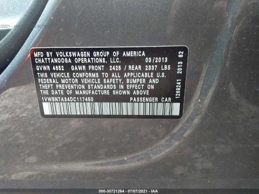 2013 VOLKSWAGEN PASSAT TDI SE W/SUNROOF 1VWBN7A34DC117450