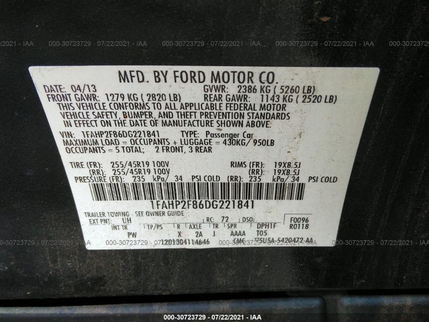 2013 FORD TAURUS LIMITED 1FAHP2F86DG221841