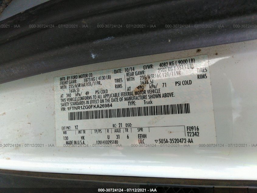 2015 FORD TRANSIT CARGO VAN 1FTNR1ZG0FKA26984