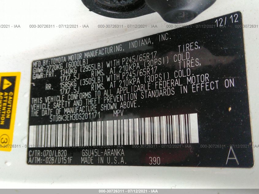 2013 TOYOTA HIGHLANDER 5TDBK3EH3DS201171