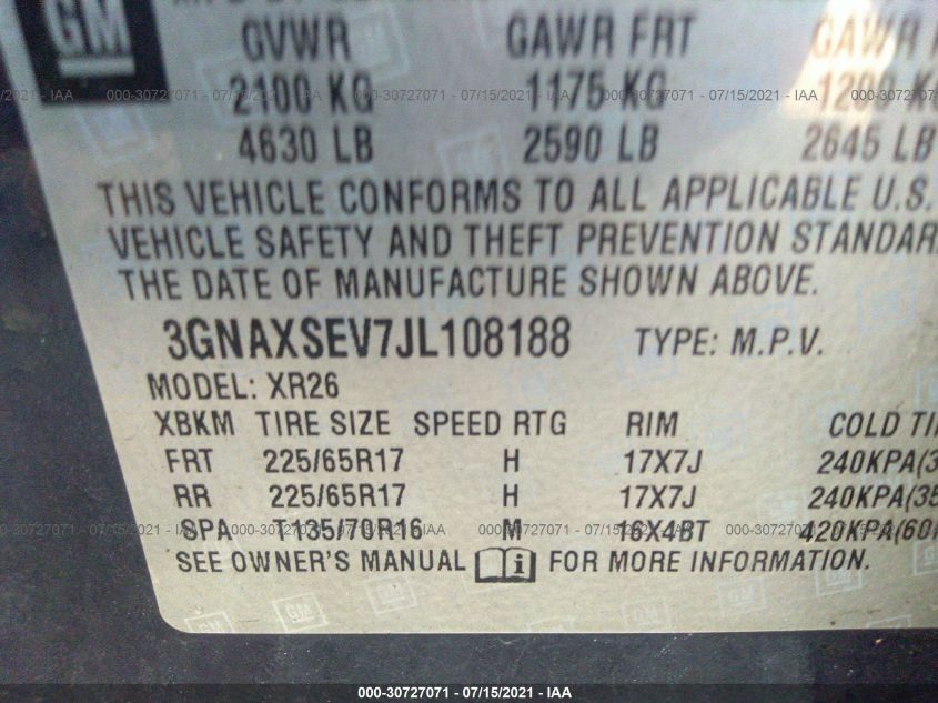 2018 CHEVROLET EQUINOX LT 3GNAXSEV7JL108188