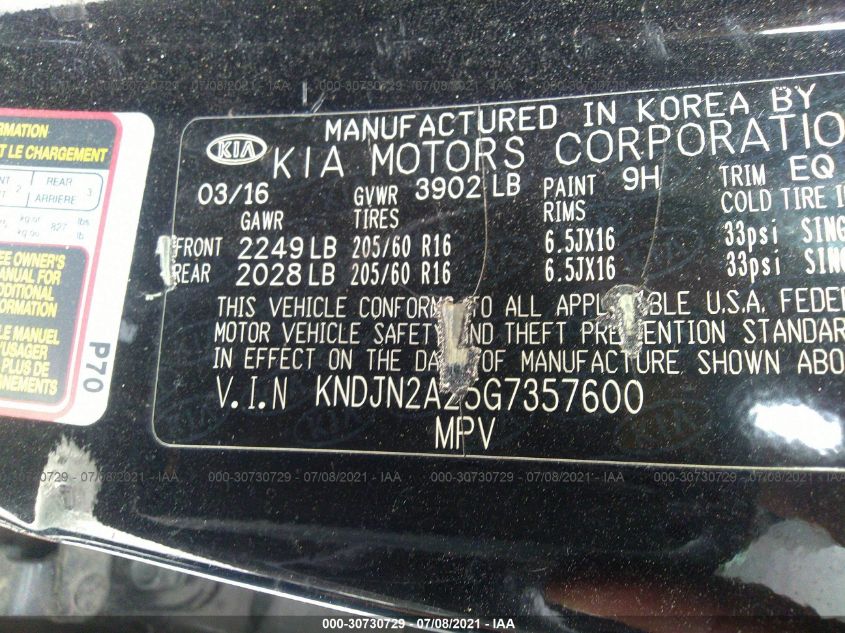 2016 KIA SOUL BASE KNDJN2A25G7357600