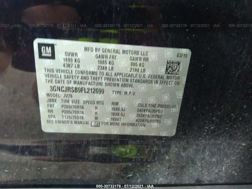 2015 CHEVROLET TRAX LT 3GNCJRSB9FL212699