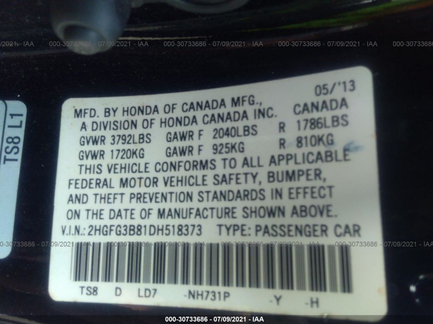 2013 HONDA CIVIC CPE EX 2HGFG3B81DH518373