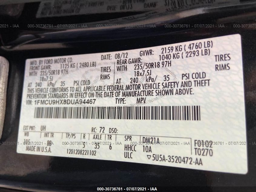2013 FORD ESCAPE SEL 1FMCU9HX8DUA94467
