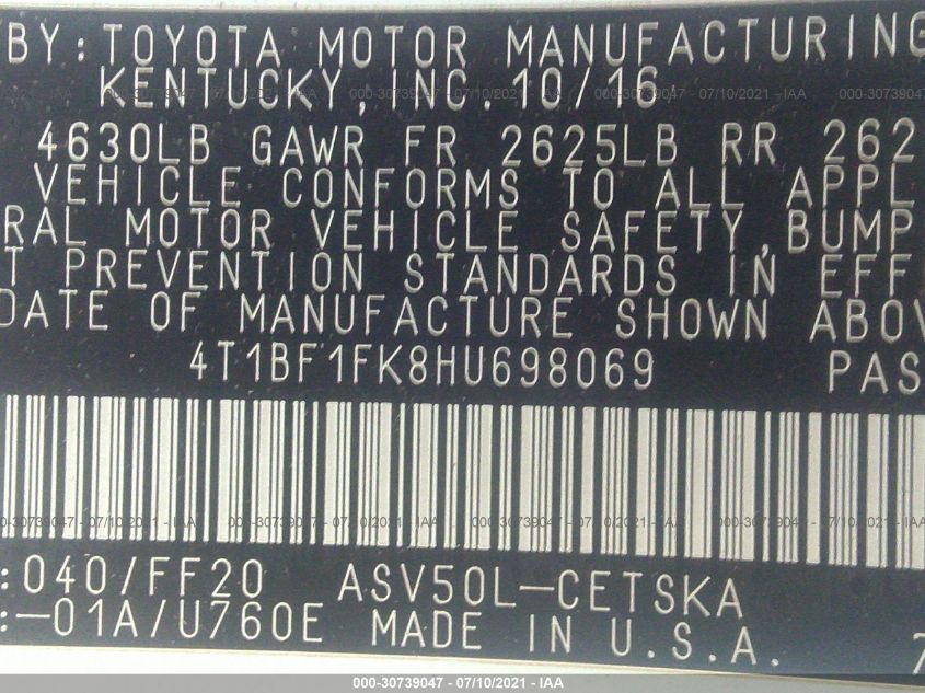 2017 TOYOTA CAMRY XLE/SE/LE/XSE 4T1BF1FK8HU698069