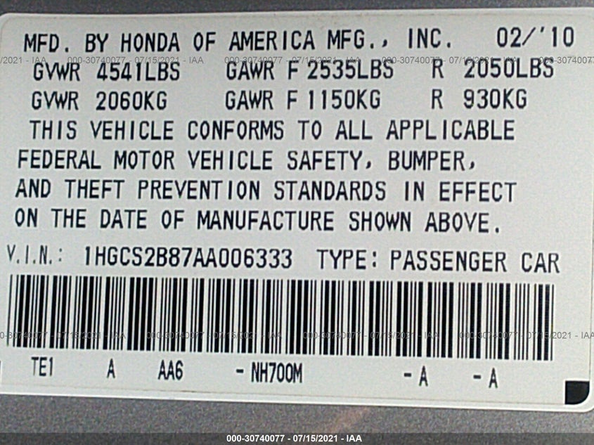 2010 HONDA ACCORD VIN: 1HGCS2B87AA006333