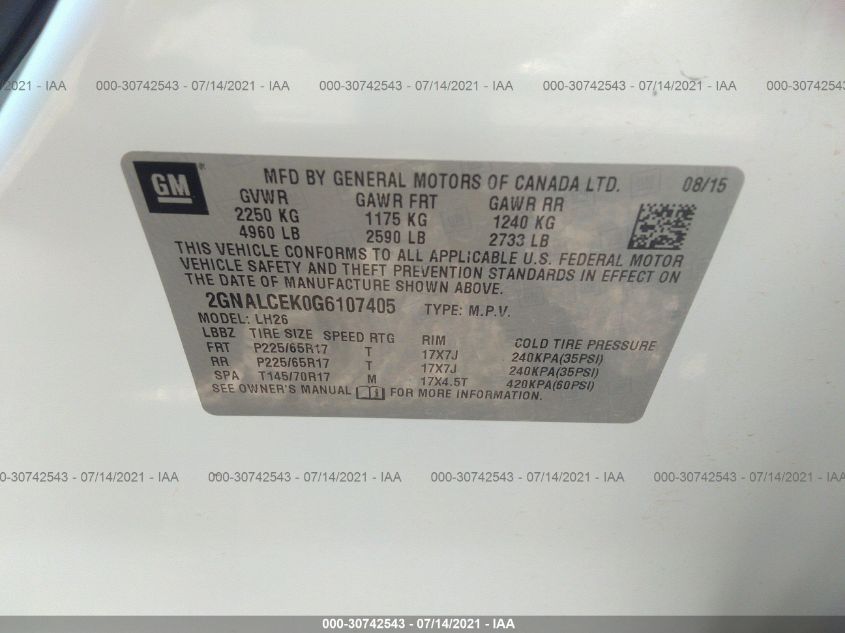 2016 CHEVROLET EQUINOX LT 2GNALCEK0G6107405