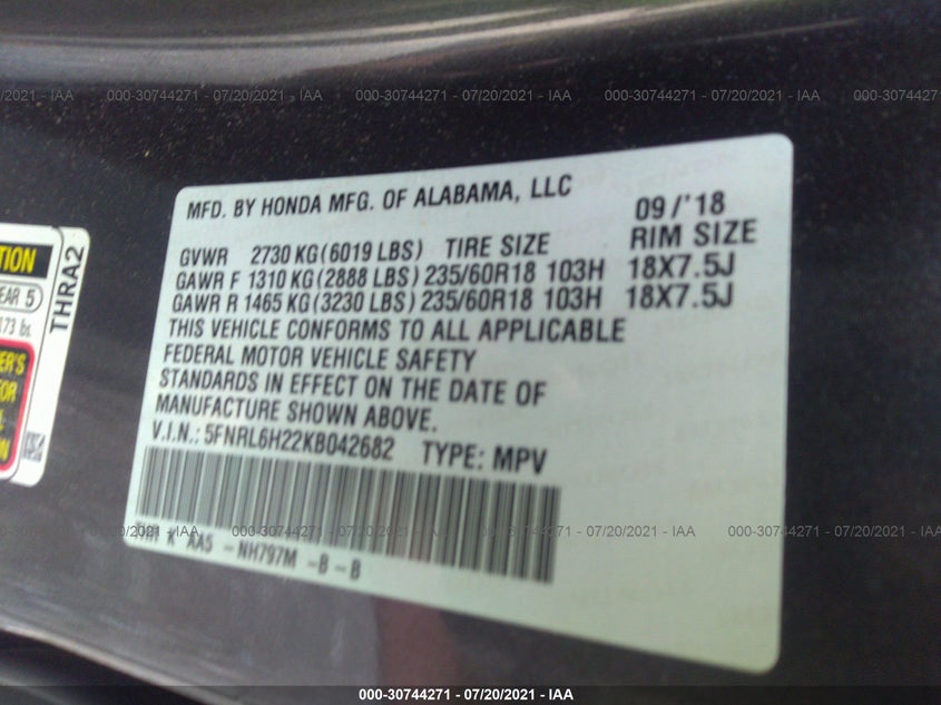 2019 HONDA ODYSSEY VIN: 5FNRL6H22KB042682