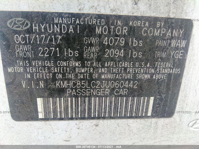 2018 HYUNDAI IONIQ HYBRID LIMITED KMHC85LC2JU060442