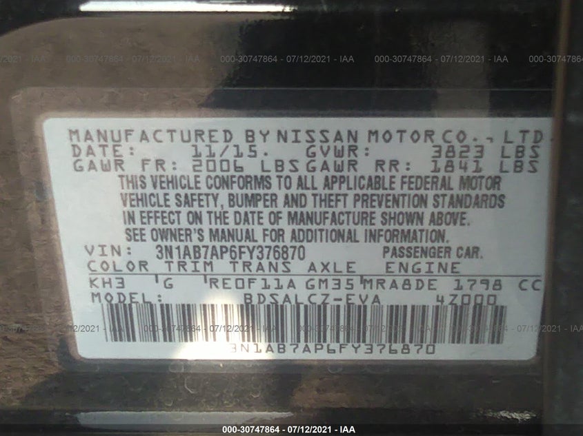 2015 NISSAN SENTRA VIN: 3N1AB7AP6FY376870