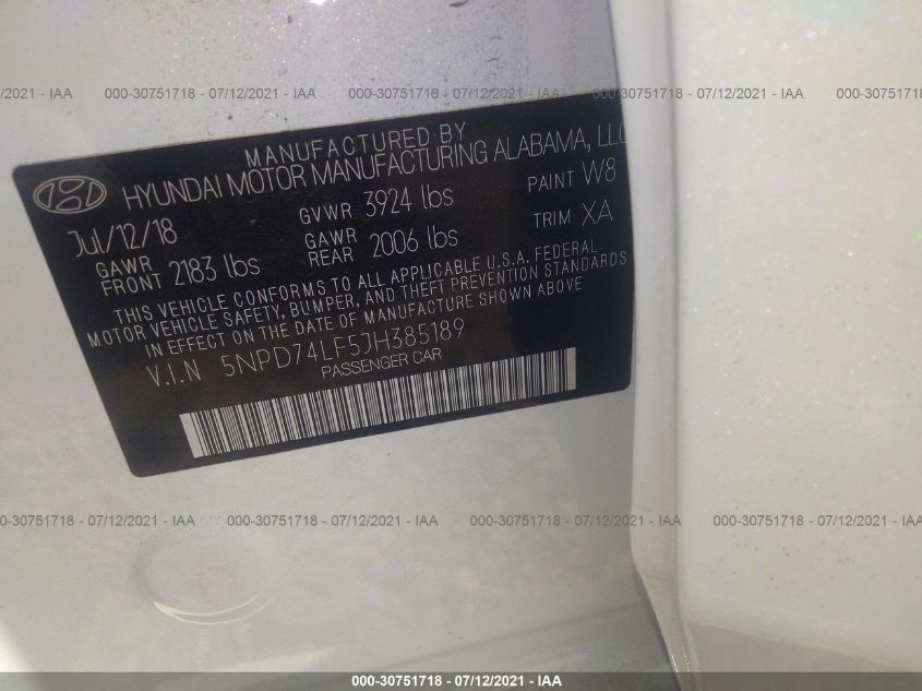 2018 HYUNDAI ELANTRA SE 5NPD74LF5JH385189