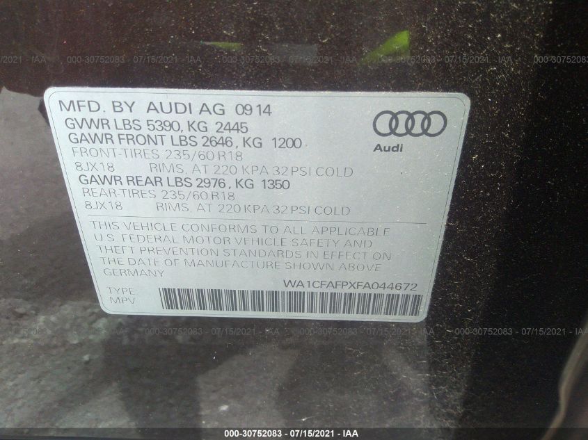 2015 AUDI Q5 PREMIUM WA1CFAFPXFA044672