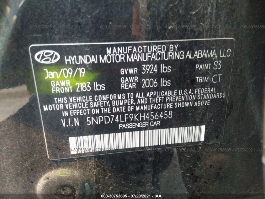 2019 HYUNDAI ELANTRA SE 5NPD74LF9KH456458