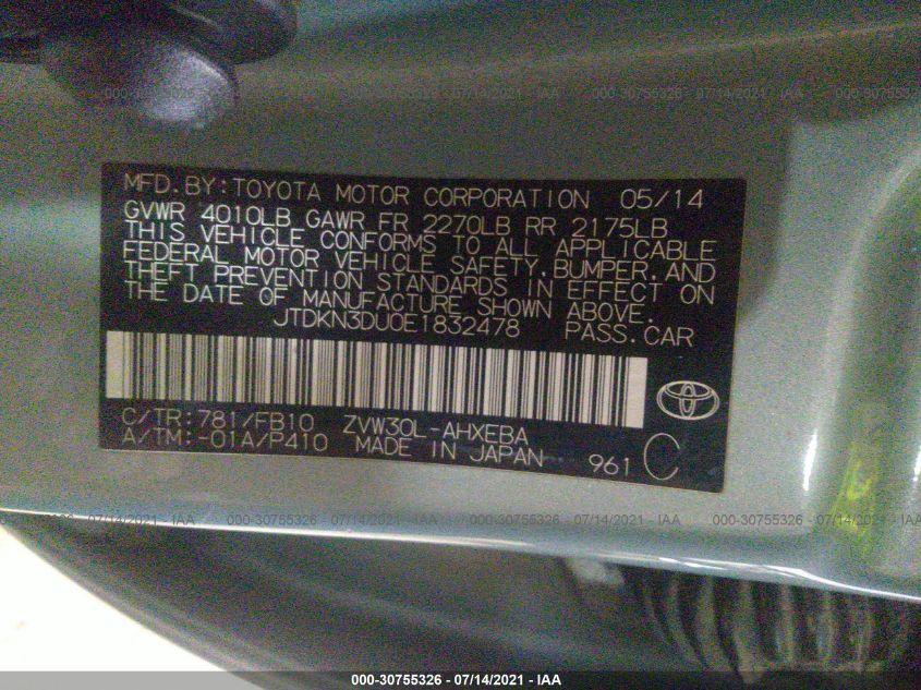 2014 TOYOTA PRIUS FOUR/FIVE/THREE/ONE/TWO JTDKN3DU0E1832478
