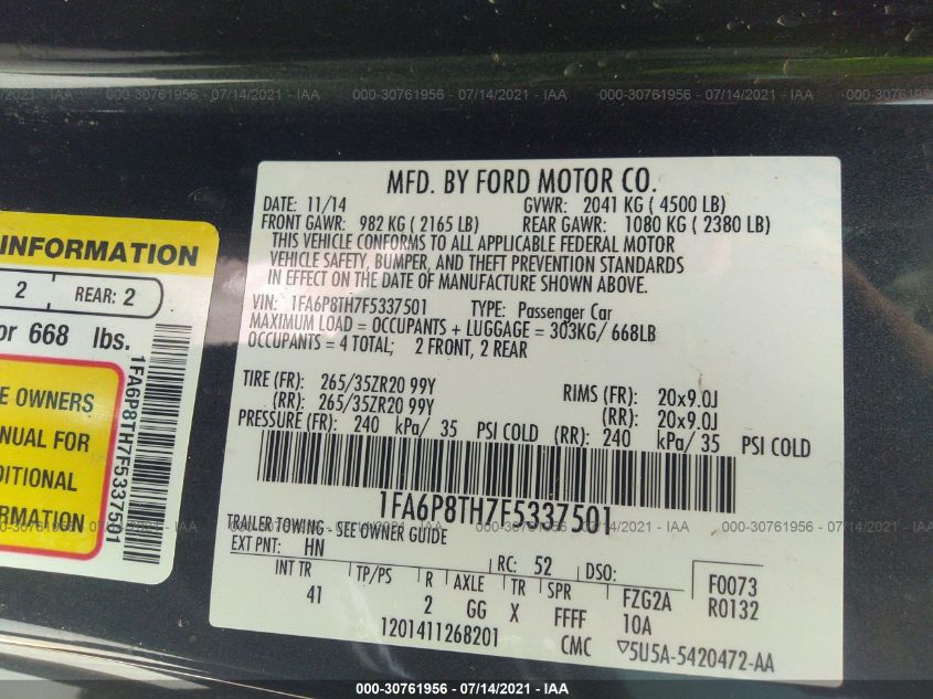 2015 FORD MUSTANG ECOBOOST 1FA6P8TH7F5337501