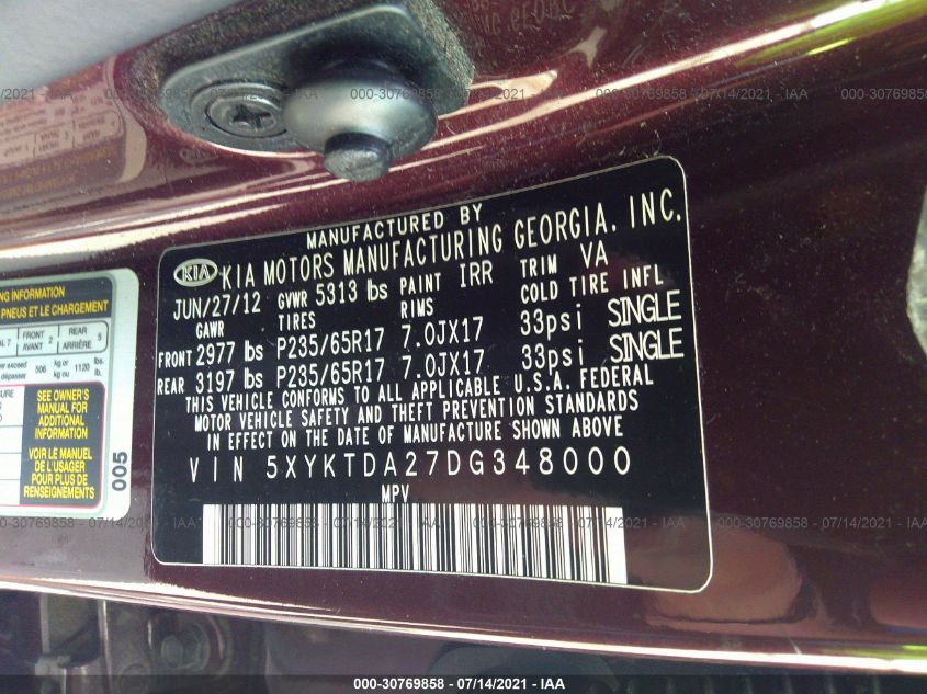 2013 KIA SORENTO LX 5XYKTDA27DG348000