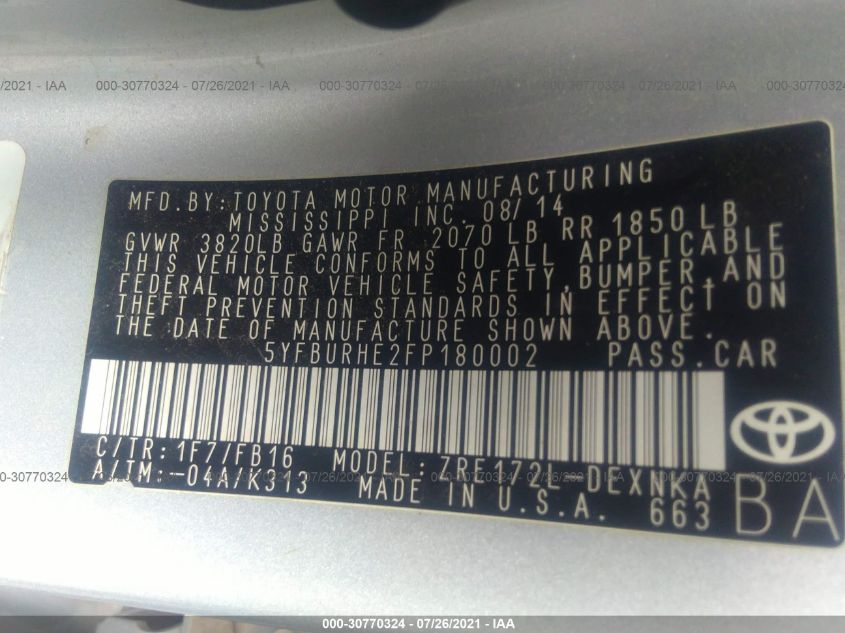 2015 TOYOTA COROLLA LE 5YFBURHE2FP180002