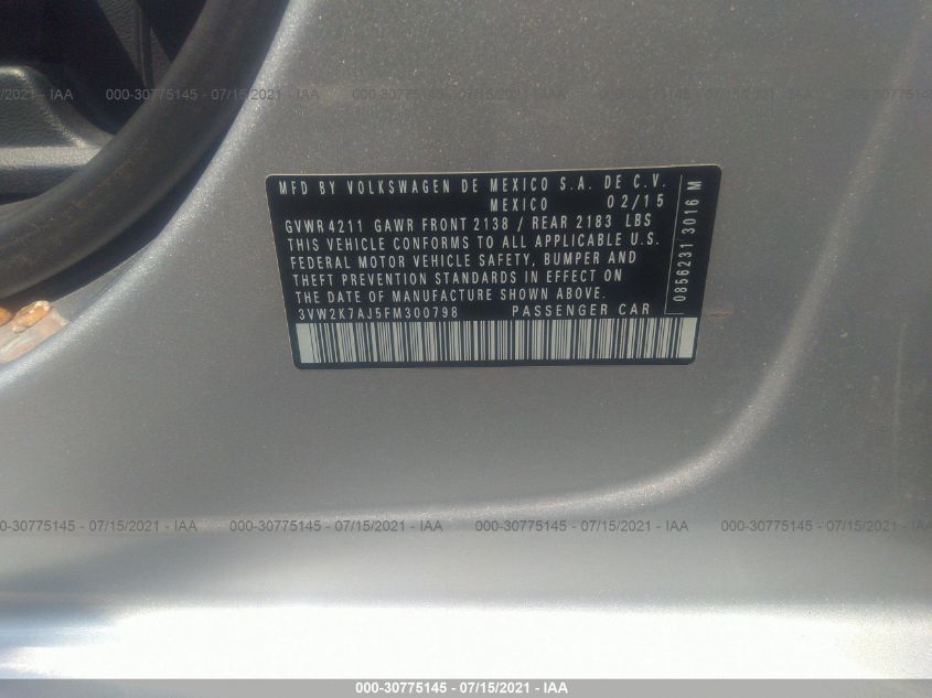 2015 VOLKSWAGEN JETTA SEDAN 2.0L S W/TECHNOLOGY 3VW2K7AJ5FM300798
