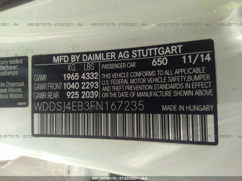 2015 MERCEDES-BENZ CLA-CLASS CLA 250 WDDSJ4EB3FN167235