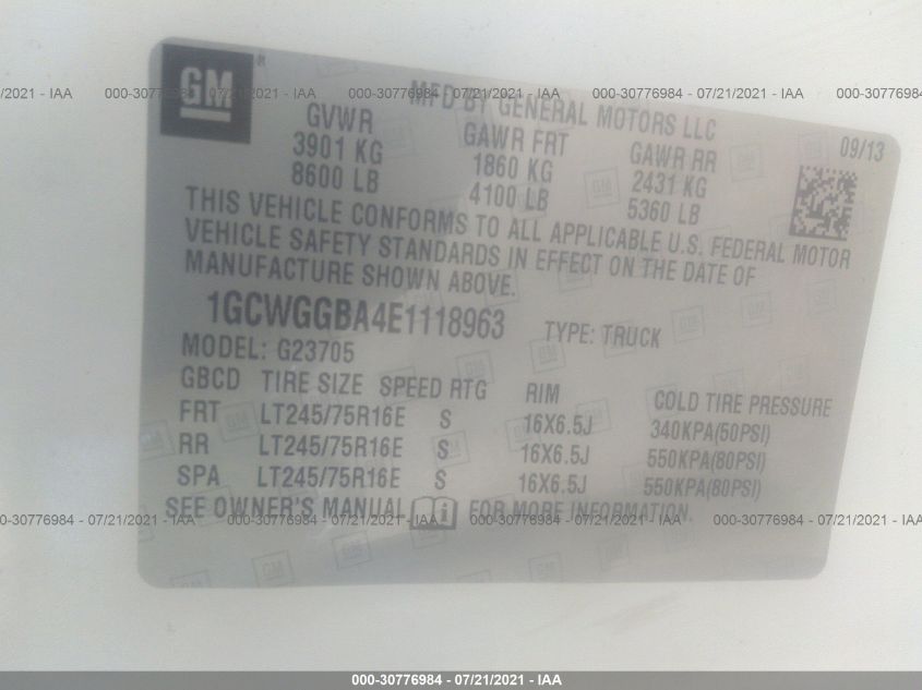 2014 CHEVROLET EXPRESS CARGO VAN 1GCWGGBA4E1118963