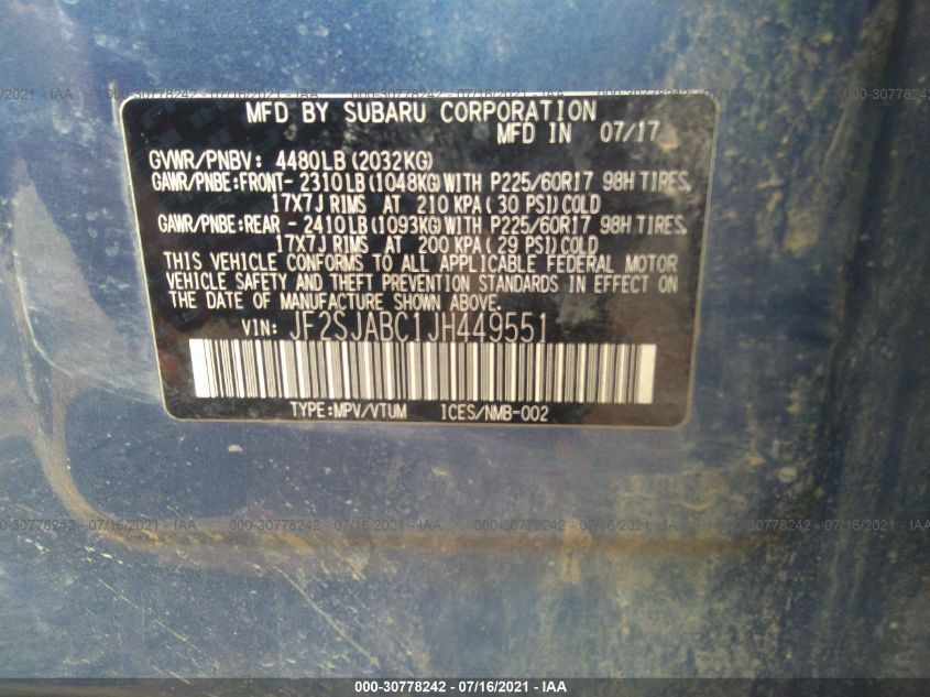 2018 SUBARU FORESTER JF2SJABC1JH449551