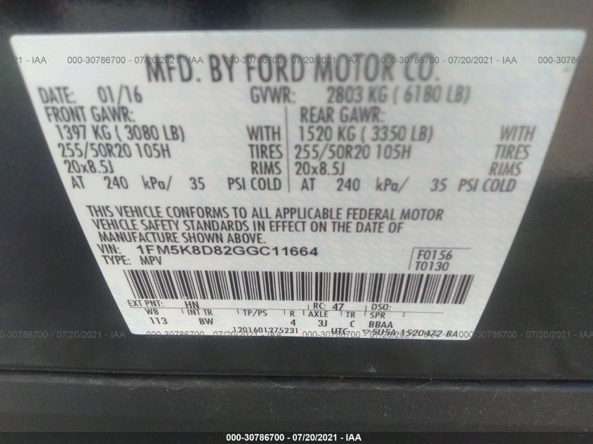 2016 FORD EXPLORER XLT 1FM5K8D82GGC11664