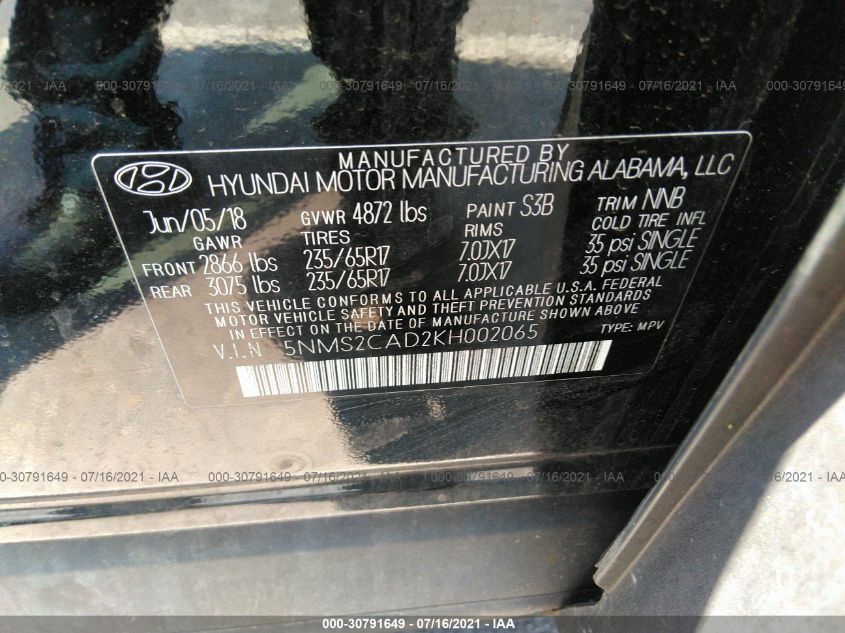 2019 HYUNDAI SANTA FE SE 5NMS2CAD2KH002065
