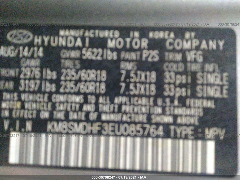 2014 HYUNDAI SANTA FE GLS KM8SMDHF3EU085764
