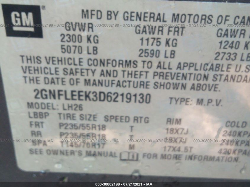 2013 CHEVROLET EQUINOX LT 2GNFLEEK3D6219130
