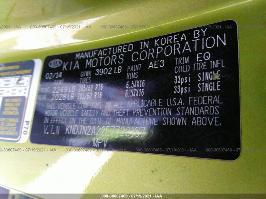 2014 KIA SOUL BASE KNDJN2A22E7720187