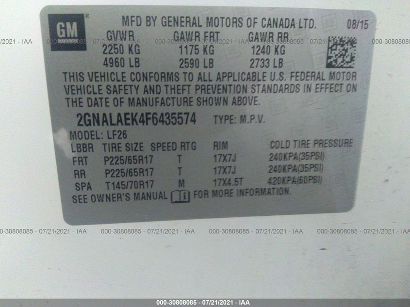 2015 CHEVROLET EQUINOX VIN: 2GNALAEK4F6435574