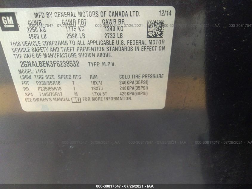 2015 CHEVROLET EQUINOX LT 2GNALBEK3F6238532