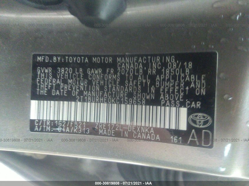 2019 TOYOTA COROLLA L/LE/SE/XLE/XSE 2T1BURHE0KC159658