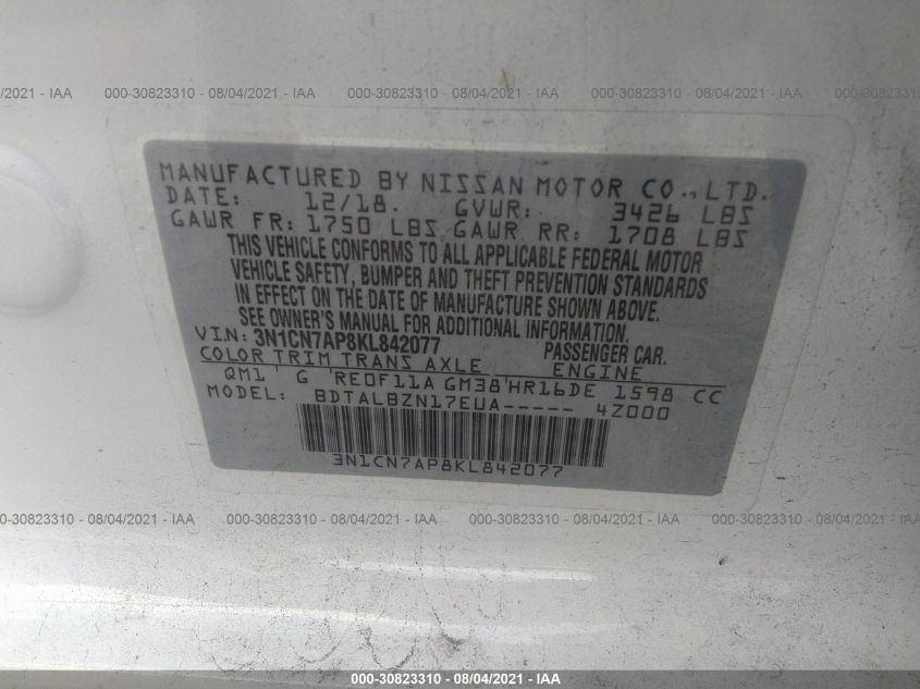 2019 NISSAN VERSA SEDAN SV 3N1CN7AP8KL842077