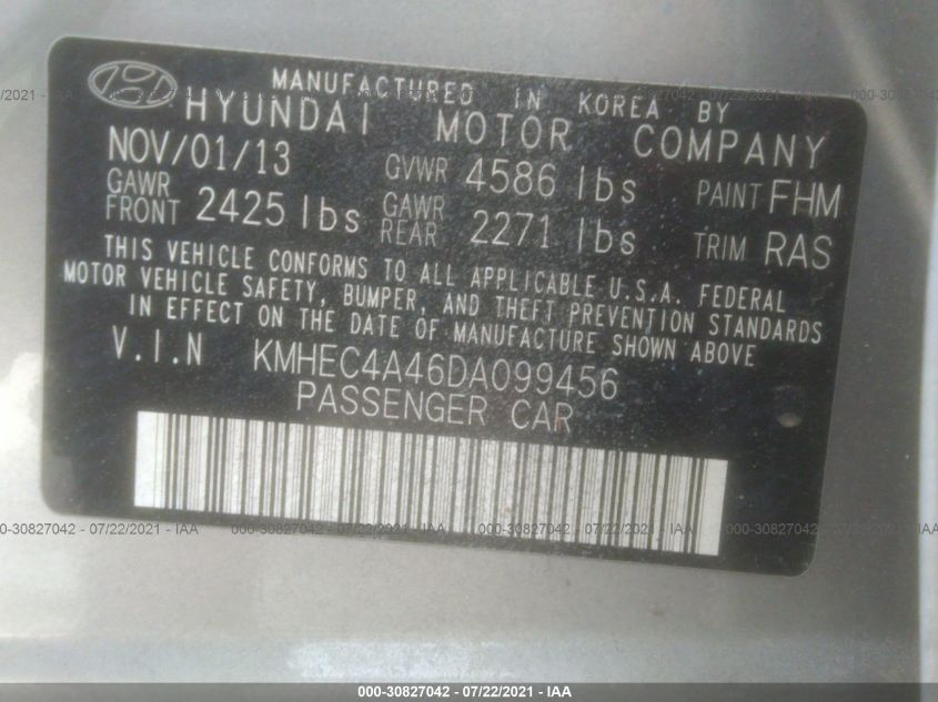 2013 HYUNDAI SONATA HYBRID KMHEC4A46DA099456