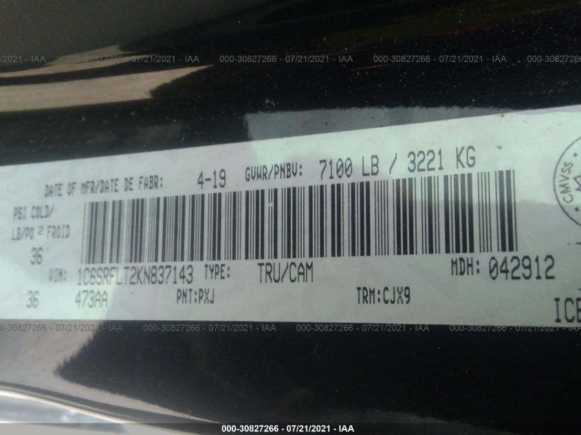 2019 RAM 1500 SPORT 1C6SRFLT2KN837143