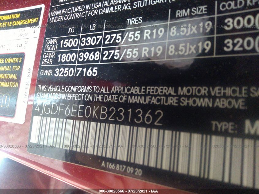 Auction sale of the 2019 MERCEDES BENZ GLS , vin: 4JGDF6EE0KB231362, lot number: 30828566