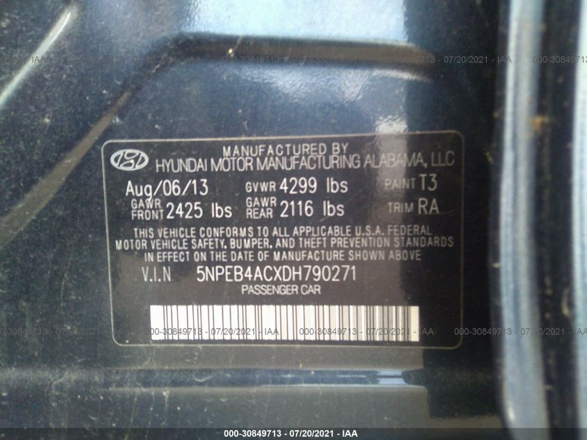 2013 HYUNDAI SONATA GLS 5NPEB4ACXDH790271