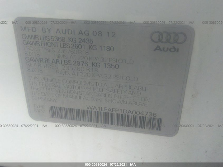 2013 AUDI Q5 PREMIUM PLUS WA1LFAFP1DA004736