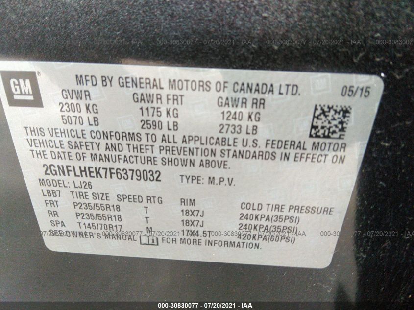 2015 CHEVROLET EQUINOX LTZ 2GNFLHEK7F6379032
