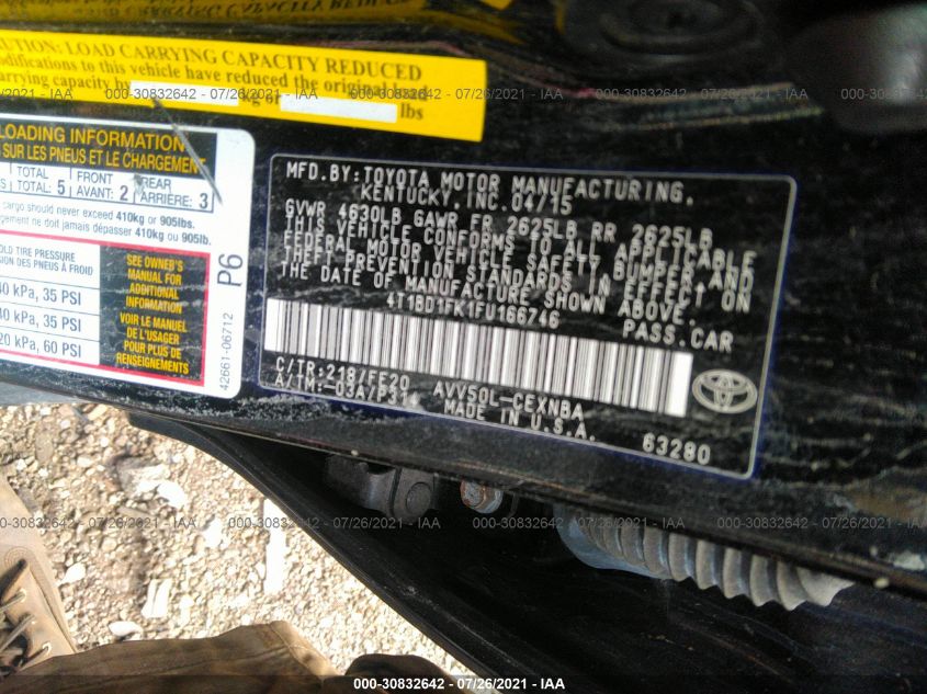 2015 TOYOTA CAMRY HYBRID LE/XLE/SE 4T1BD1FK1FU166746