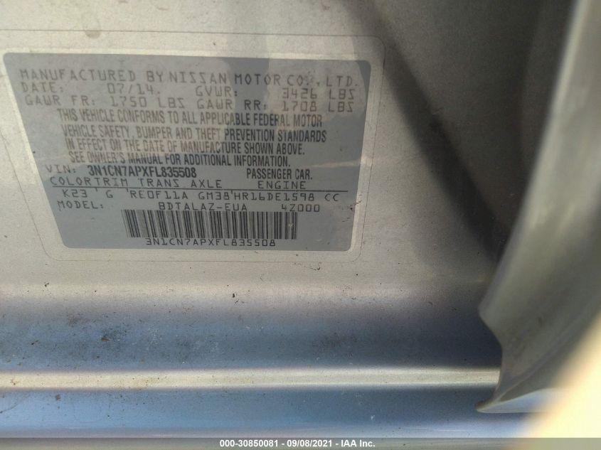 2015 NISSAN VERSA S PLUS 3N1CN7APXFL835508