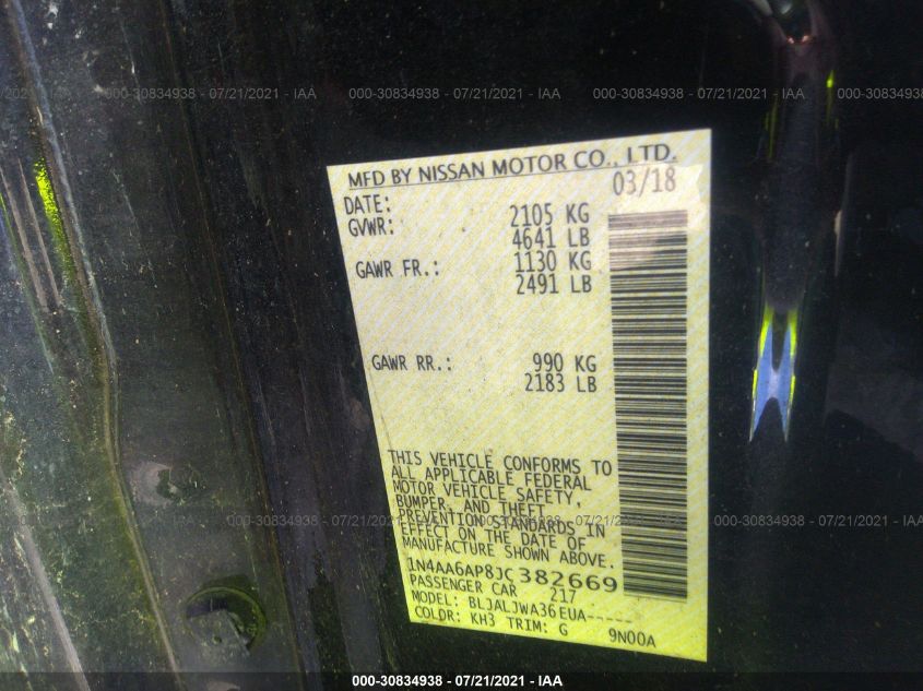 2018 NISSAN MAXIMA SV 1N4AA6AP8JC382669