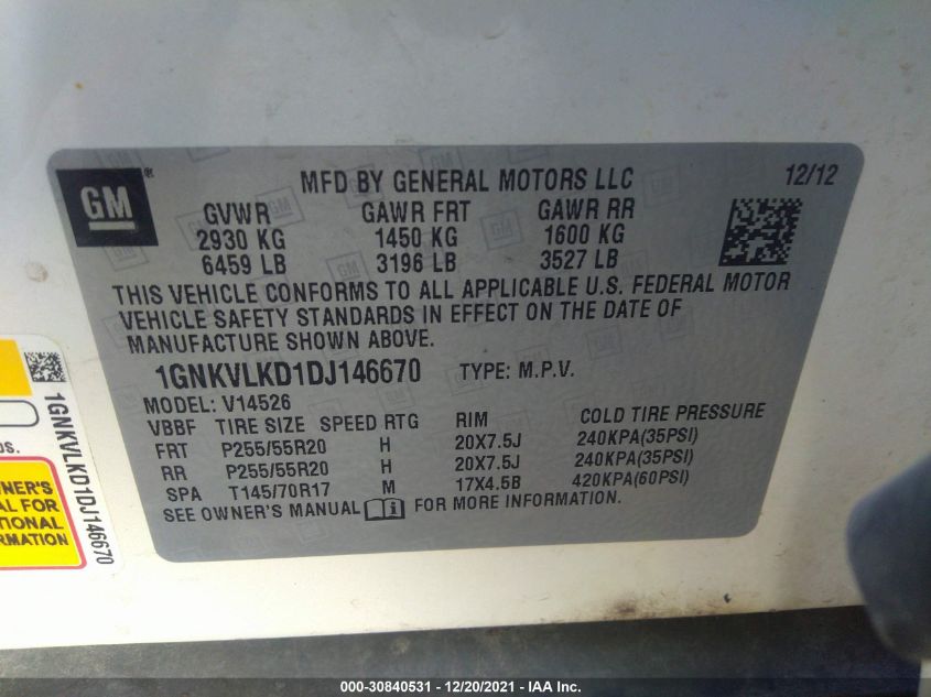 2013 CHEVROLET TRAVERSE LTZ 1GNKVLKD1DJ146670
