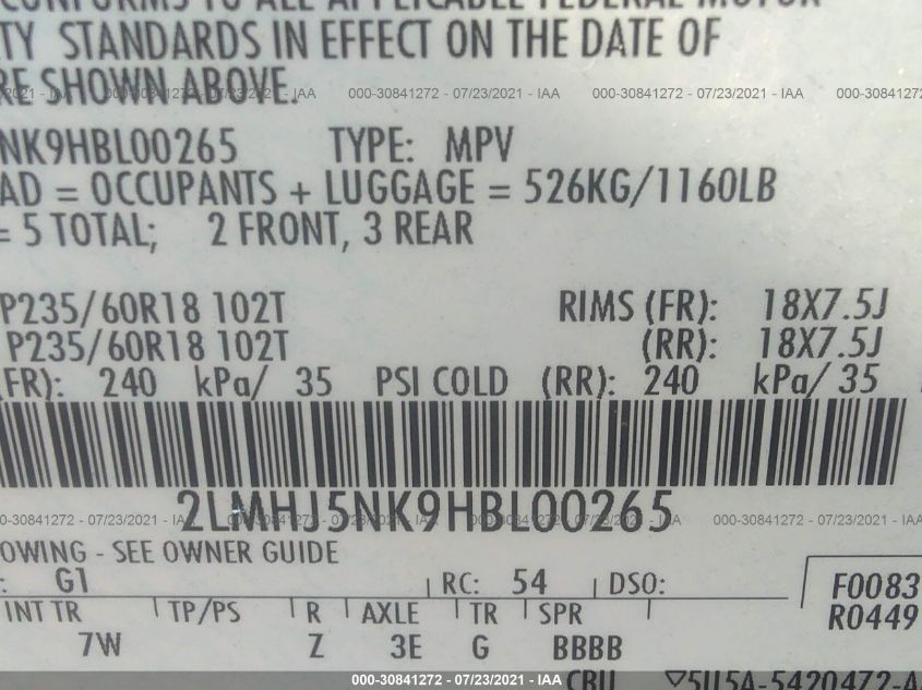2017 LINCOLN MKT 2LMHJ5NK9HBL00265