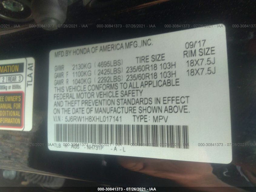 2017 HONDA CR-V EX-L 5J6RW1H8XHL017141