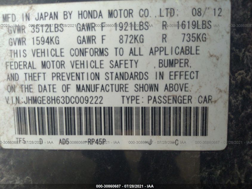 2013 HONDA FIT SPORT - JHMGE8H63DC009222