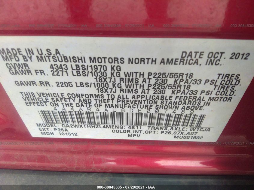 2013 MITSUBISHI OUTLANDER SPORT SE 4A4AR4AU8DE007489